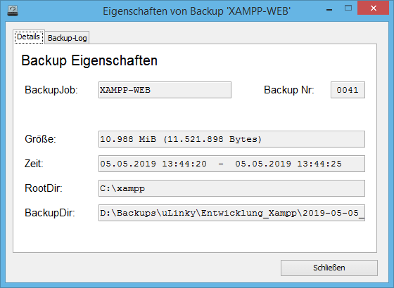 Various details as well as the backup log can be displayed for a backup