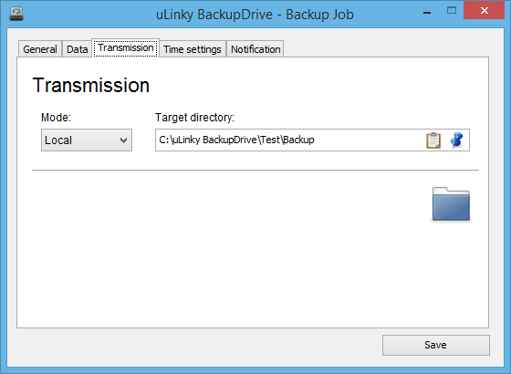 Transmission Settings: Type of transmission and destination directory of the backup