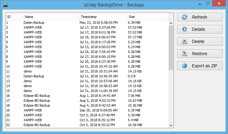 A list of all available backups is used to restore and manage individual backups.