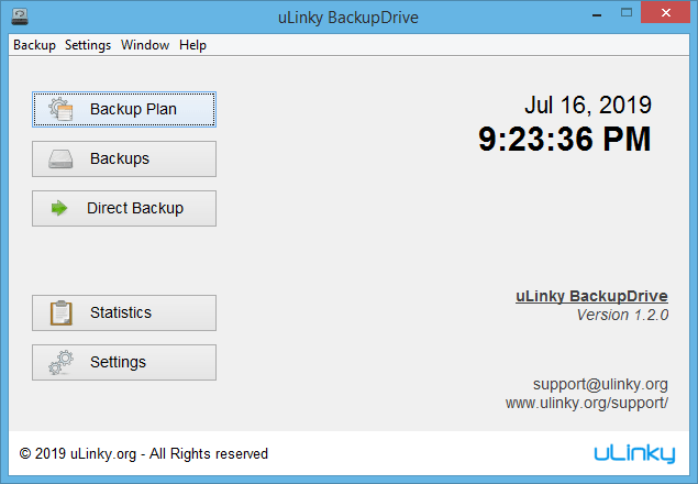 Graphical user interface of the main menu of uLinky BackupDrive