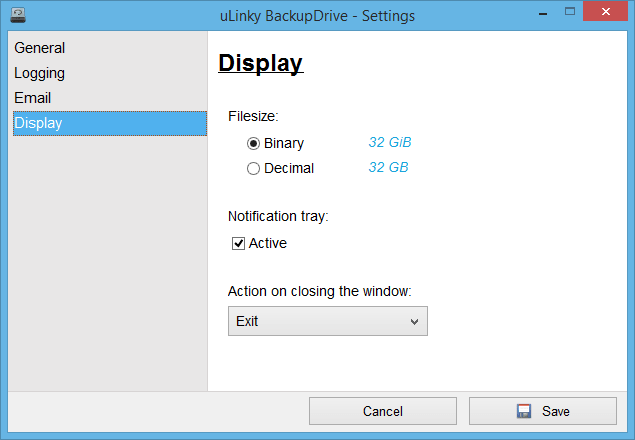 Display settings in BackupDrive