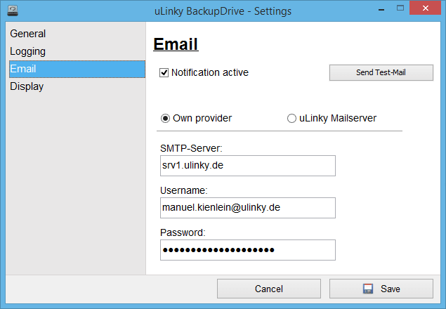 Settings for the e-mail notification