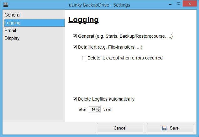 Logging settings in BackupDrive